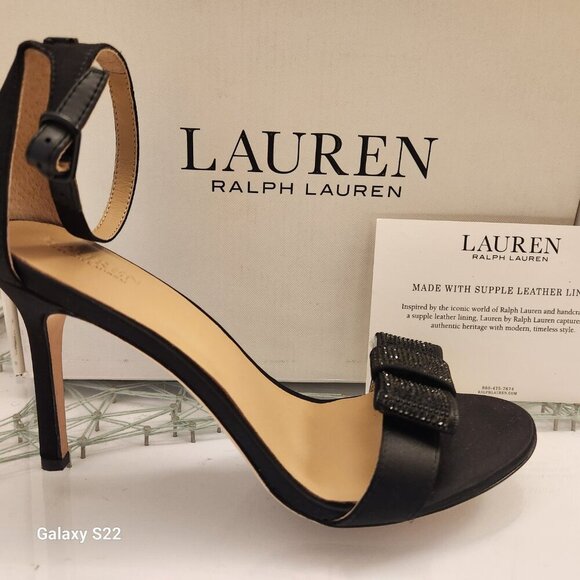 Ralph Lauren " Allie" Bow Black Jet Satin heeled sandals. NIB. Size 9.5 - Picture 1 of 13